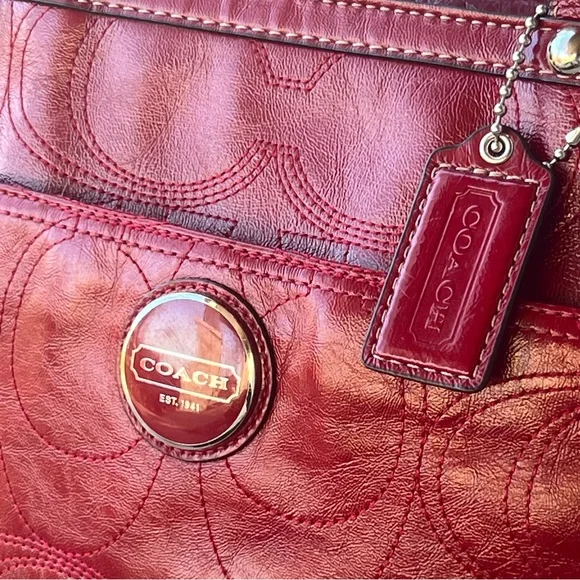 COACH Signature Embossed Patent Red Leather Laptop Diaper Tote Bag XL - Picture 3 of 14